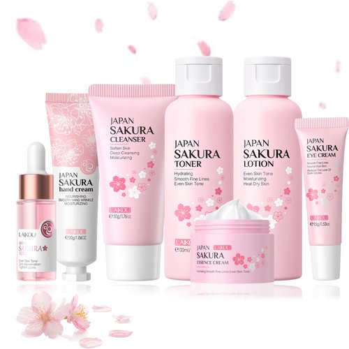 Sakura Stocking Stuffers for Teens Girls Skincare Set, Sakura Extract Skin Care Set, Skin Care Kit With Serum,Toner,Lotion,Eye Cream,Face Cream,Hand Cream,Cleanser, Gentle & Beauty Skincare 7PCS