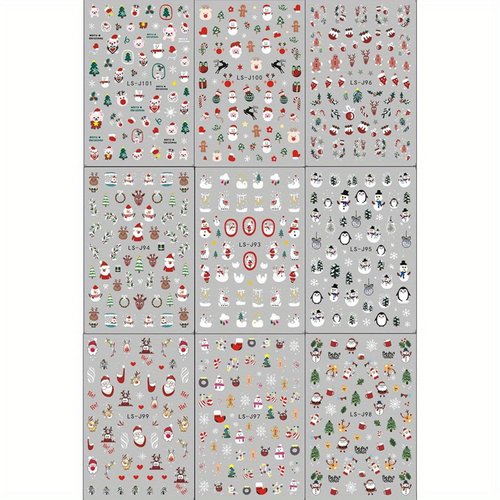 9 Sheets Christmas Nail Art Stickers 3D Christmas Nail Decals with Santa Claus Snowflake Elk Deer Snowman Xmas Tree Design Manicure Decal Winter Cartoon Christmas Nail Art DIY Decor Supplies for Women