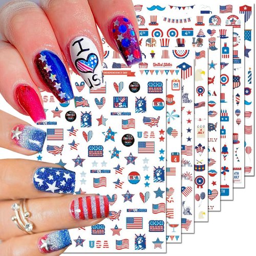 8PCS Independence Day Nail Art Sticker 4th of July Nail Decals 3D Self-Adhesive USA Flags Heart Star Stripe Nail Designs Memorial Day Nail Supplies American for Women Independence Day Nail Decoration