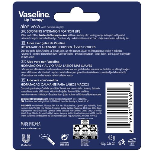 Vaseline Lip Therapy Aloe Fresh - Hydrating Lip Balm Pack, Vaseline Stick, Lip Moisturizer for Dry Lips, 0.16 Oz Each (Pack of 8)