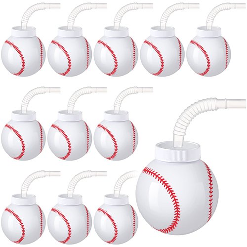 Baseball Ball Shape Cups Bulk with Straws and Lids, 10oz Plastic Reusable Baseball Party Cups Ball Shape Cups Party Favors for Kids Birthday Competition Sport Fans Player Theme Party Supplies (12 Pcs)