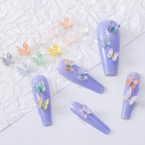 OIIKI 300pcs Cute 3D Butterfly Nail Charm, Butterfly Nail Glitter Charm for Nails Art, Resin Nail Art Decorations Glitter Ornaments Gems for Acrylic Nail DIY Craft Design Manicure Accessories