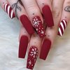 24Pcs Christmas Red Press on Nails Long Length White Snowflake False Nails with Red White Stripe Design Xmas Acrylic Nails Full Cover Aritificial Coffin Nails Winter Glue on Nails for Women
