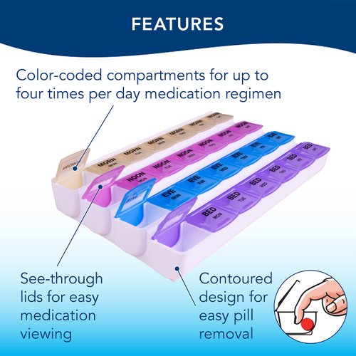 Apex 7-Day Mediplanner Pill Organizer, Weekly Pill Organizer, 4 Times A Day Color-Coded, Easy-Open, See-Through Lids, Organize Medication Or Vitamins by AM, PM, Evening and Bedtime