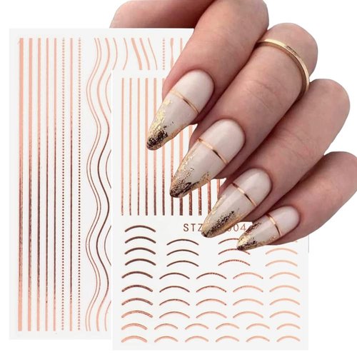 3D Lines Nail Stickers Rose Gold Metal Nail Art Decals 8 Sheets Stripe Lines Letters French Tips Self-Adhesive Nail Decals Curve Nail Art Sliders Nail Supplies for Women Manicure DIY Decorations