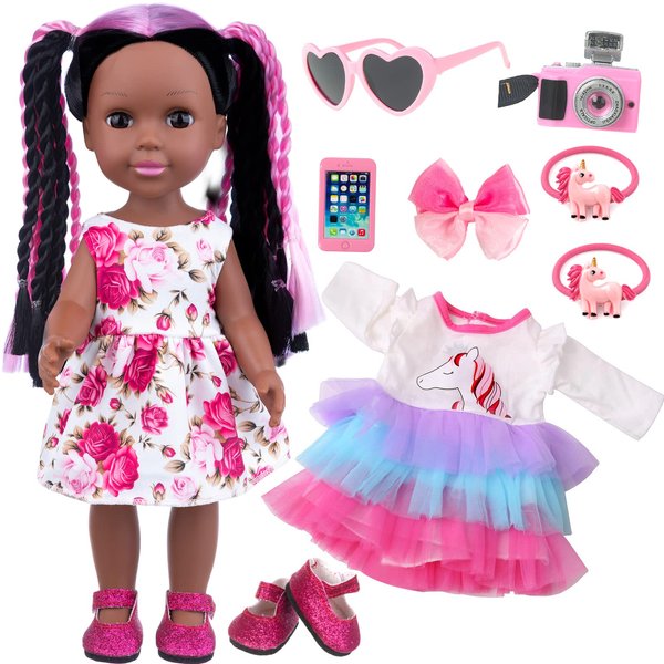 ZNTWEI 14.5" Handmade Braid Hair Black Doll & Accessories - African American Reborn Toy for Kids Aged 2-7 Years