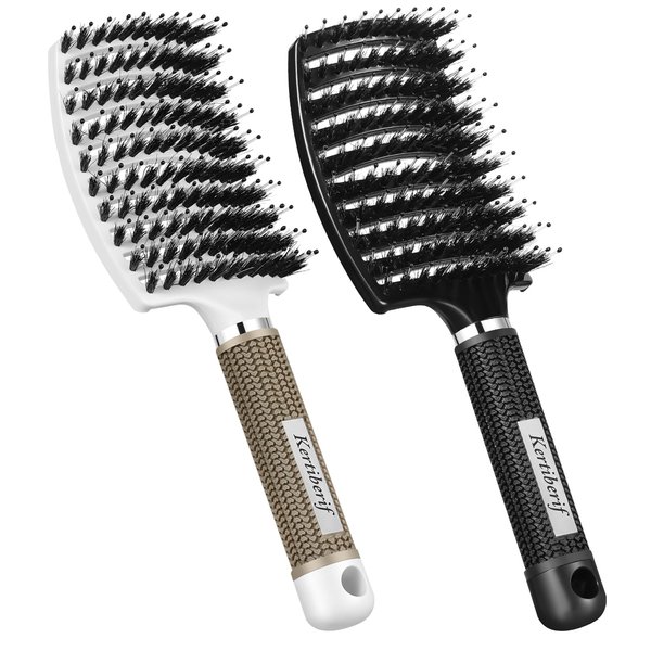 Kertiberif Boar Bristle Hair Brush 2PCS, Curved Vented Detangling Brush for Wet and Dry Hair, Styling Paddle Hairbrush for Women Men Kids Curly Straight Thick Long or Short Hair