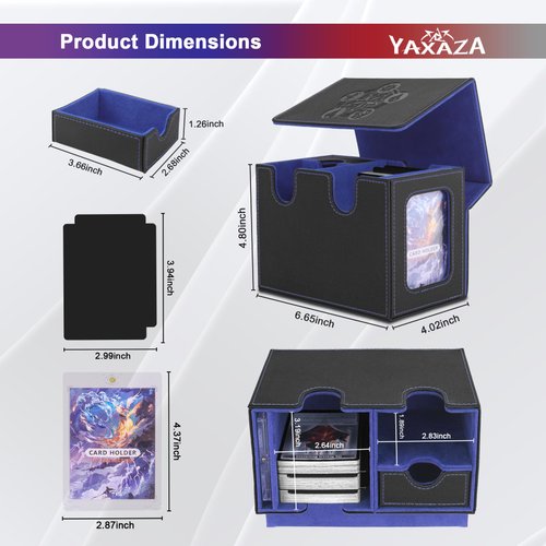 YAXAZA MTG Deck Box with Commander Display Window, Fits 200+ Double-Sleeved Cards, Strong Magnetic PU Leather Card Deck Case, with 2 Dividers, 1 Toploader, andDice Tray (Black & Blue)