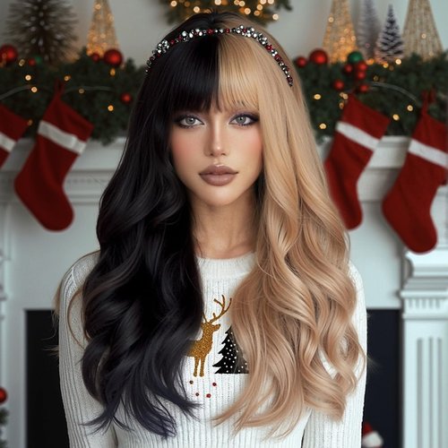 EMMOR Black and Blonde Wig Long Curly Wig with Bangs for Women Two Tone Wig Synthetic Hair Two Color Cosplay Costume Wig Halloween Wig