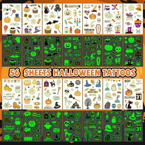 EMOME 500+ Styles Glow Halloween Tattoos for Kids Bulk, Cute Kids Temporary Tattoos Stickers, Halloween Treats Party Supplies Favors Decorations for Boys Girls (56 Sheets)