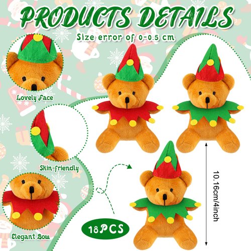 Haull 18 Pcs Stuffed Animals Bears Gifts Plush Bears Bulk Mini Soft Stuffed Toys Small Cute Plush Bear 4" for Kids Adults Party Favors Home Decoration(Christmas Elf)