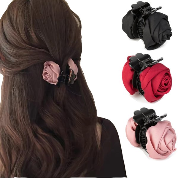 Agirlvct Rose Hair Clip,1.61 Inch Small Flower Hair Claw Clip,Satin Rose Elegant Hair Flowers Claw Clip Floral Wedding Hair Accessories Birthday Thanksgiving Gift for Women Girls (Pink Red Black)