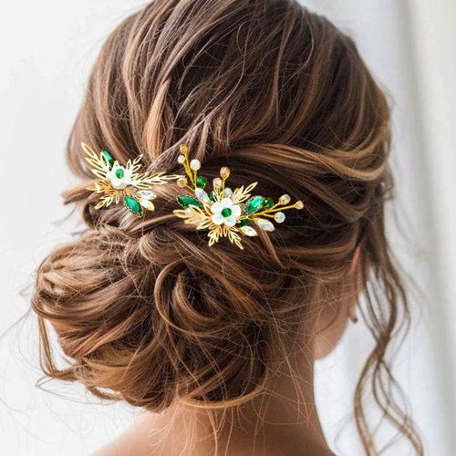 Heread Flower Bride Wedding Hair Pins Gold Leaf Bridal Hair Pieces Green Crystal Hair Accessories for Women and Girls