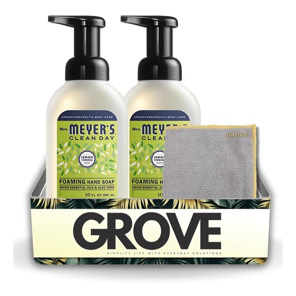 GROVE Clean Day Organic Lemon Verbena Scent Foam Hand Soap 10 oz Bundle with Microfiber Cloth - Moisturizing Natural Hand Soap for Kitchen & Bathroom - (3 Items)