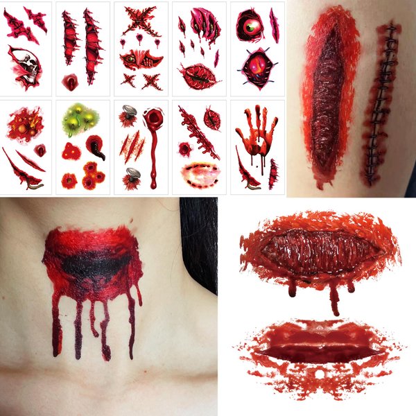 Zombie Makeup Halloween Face Tattoos, Fake Scar Makeup Kit for Adults, Temporary Scary Fake Wounds Realistic Scratch Tattoo, Blood Chucky Scars Stickers for Women Men Boys Girls Kids