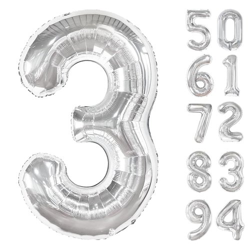 Silver 3 Balloon, Number Balloons 40 Inch, 3rd Birthday Decorations for Kids Girls Boys, Men Women Silver Party Supplies for Party Decorations, Number 3 Balloon