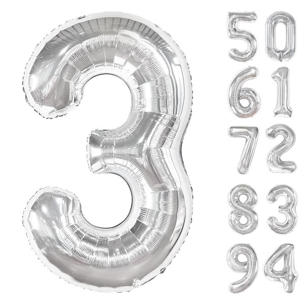 Silver 3 Balloon, Number Balloons 40 Inch, 3rd Birthday Decorations for Kids Girls Boys, Men Women Silver Party Supplies for Party Decorations, Number 3 Balloon