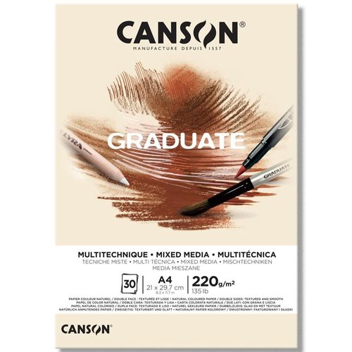 CANSON Graduate Mixed Media 200gsm A4 Paper, Double Sided: Grained and Smooth, Pad Glued Short Side, 30 Natural Sheets, Ideal for Student Artists