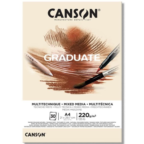CANSON Graduate Mixed Media 200gsm A4 Paper, Double Sided: Grained and Smooth, Pad Glued Short Side, 30 Natural Sheets, Ideal for Student Artists