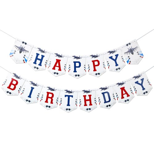 Fighter Pilot Happy Birthday Banner, Red and Blue Fighter Jet/Airplane/Aircraft/Air Force Bunting Garland, Aviator Aviation Themed Birthday Party Decoration Supplies