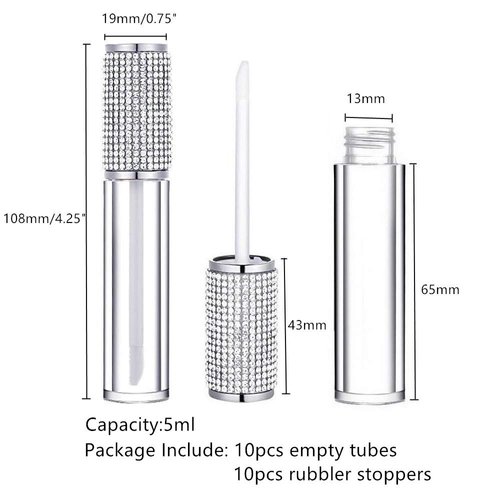 AJLTPA 10 Pack Crystal Rhinestone Lip Gloss Wand Tubes, 5ml Empty Lip Gloss Containers, Lipgloss Lip Balm Bottles with Rubber Stoppers for DIY Lip Glaze Balm Cosmetic Business (Silver Diamond)