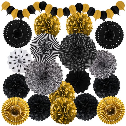 Recosis Black and Gold Decorations, Paper Pompoms Fan for Graduation Birthday Wedding Prom Night New Years Black and Gold Party Decorations
