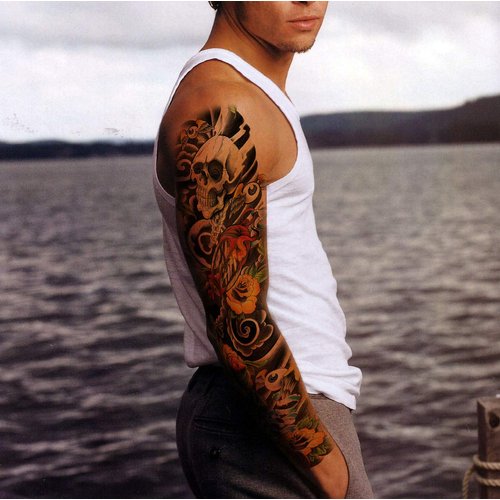 Colorful Sleeve Tattoos Stickers, Full Arm Temporary Tattoos Sleeves, Fake Watercolor Body Art Arm Tattoo for Kids Women Makeup, 8-Sheet