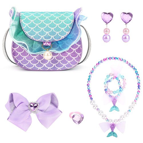 mibasies Toddler Purse for Little Girls Gifts for 3-8 Years Old with Dress Up Jewelry Pretend Play Accessories,Mermaid Girl Toys 4-5
