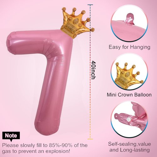 40 Inch Pink Number 7 & Mini Crown Balloon for Birthday Party Decorations, 7th Birthday Party Decorations Pink Theme Party Balloons Decorations Supplies