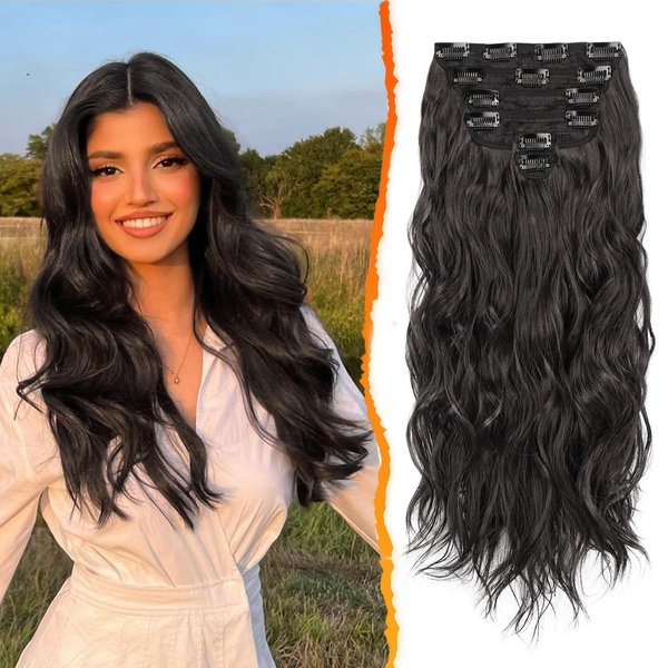 BARSDAR Clip in Hair Extensions for Women - 20 Inch Long Wavy Black Brown Hair Extensions Clip in - 6PCs Full Head Thick Soft Synthetic Clip in Hairpieces Daily Party Halloween- Black Brown