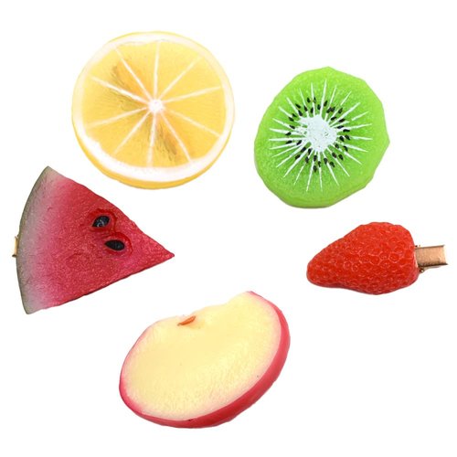 Pack 5 Fruit Shape Hair Clips Soft Silicone Funny Simulated Fruit Kiwi Strawberry Watermelon Lemon Apple Print Cute Vivid Women Girls Hair Accessories, Each around 2.2"