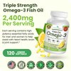Best Triple Strength Omega 3 Fish Oil Pills 2400mg | 120 Capsules | Burpless High Potency Lemon Flavor | 864mg EPA 576mg DHA Ultra Pure Liquid Softgels | Brain Joints Eyes Hair Heart Health Supplement