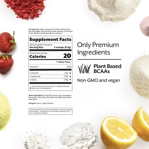Promix BCAA Post-Workout Energy Powder, Strawberry Lemon - Plant-Based Branched Chain Amino Acids Supports Lean Muscle Growth, Recovery, Endurance & Reduces Soreness - Zero Fat, Sugar & Carbs