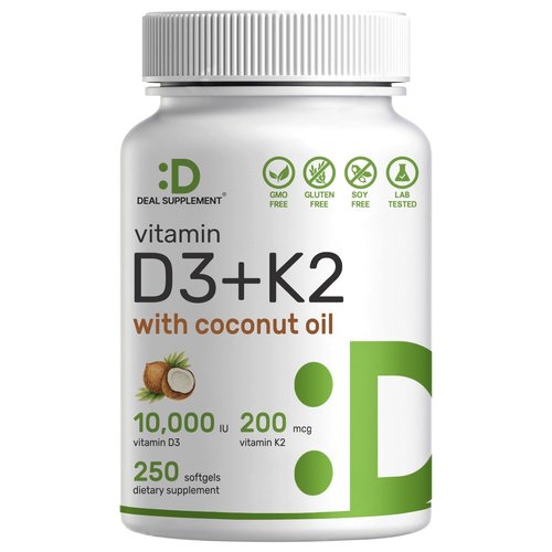 DEAL SUPPLEMENT Vitamin D3 10,000 IU + K2 MK7 200mcg Softgels, 250 Count | 2-in-1 Complex with Virgin Coconut Oil | Supports Heart, Bone, Teeth & Immune Health | Easy to Swallow