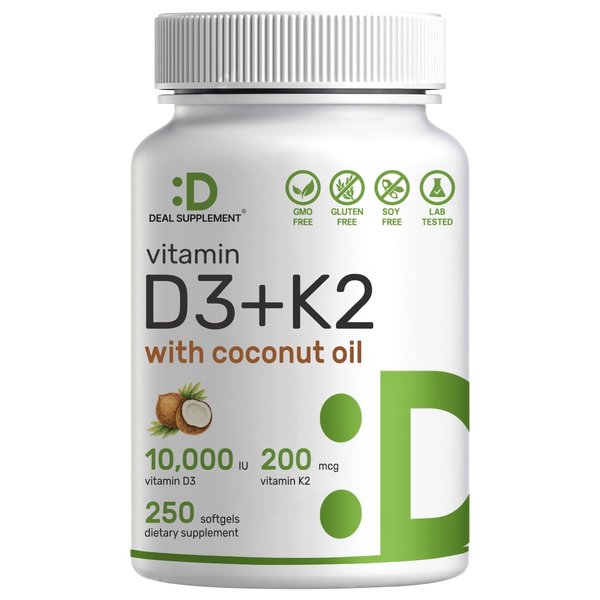 DEAL SUPPLEMENT Vitamin D3 10,000 IU + K2 MK7 200mcg Softgels, 250 Count | 2-in-1 Complex with Virgin Coconut Oil | Supports Heart, Bone, Teeth & Immune Health | Easy to Swallow