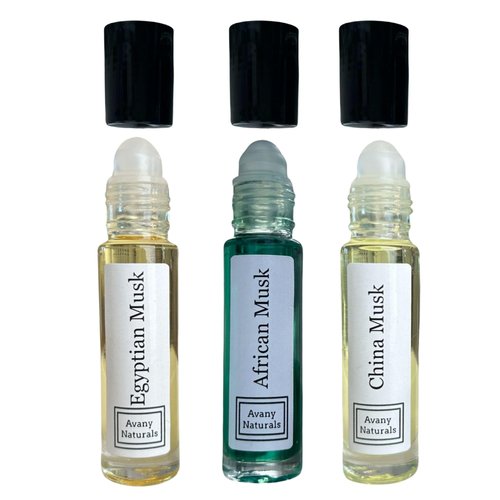 Avany Naturals Sample Musk Oil Fragrances - Egyptian Musk, African Musk, China Musk - Unisex Perfume Oil for Men Women, Roll on Scented Oil, Travel Size (Musk Oils EAC)