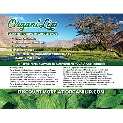OrganiLip Cherry, Spearmint, Acai Flavored Organic Lip Balm (3 Pack) USDA Certified Organic to Moisturize, Soothe, Soften, Hydrate, and Nourish Cracked & Chapped Lips 100% cruelty free