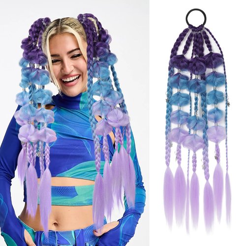SEIKEA Colored Hair Extensions, Lightweight Colored Hair Extensions for Kids, Ombre Braided Ponytail Extension with Hair Tie, 24" Crazy Hair Day Accessories for Girls Festival Rave Braids S2