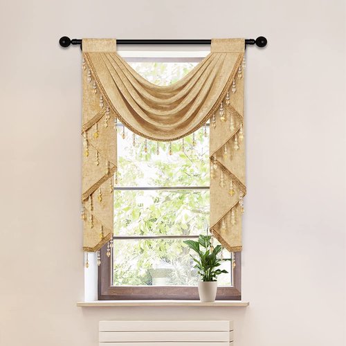 ELKCA Gold Chenille Waterfall Valance for Living Room Single Hollow Swag Valance for Kitchen Bedroom Curtains Valance,Rod Pocket,1 Panel