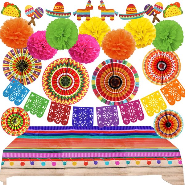 Recosis Fiesta Party Decorations, Multicoloured Tablecover Paper Fans Pompoms Decorations Mexicano Plastic Papel Picado Banner for Fiesta Mexican Cinco De Mayo Taco Birthday Party Supplies