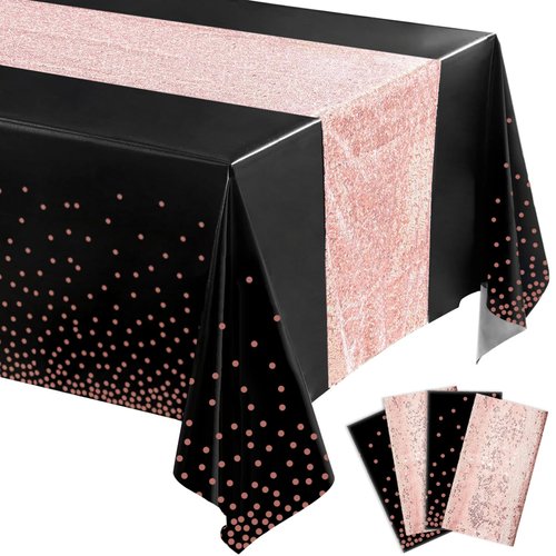 4pcs Black and Rose Gold Tablecloth Sequin Table Runner Set Birthday Glitter Polka Dots Plastic Table Cover for Birthday Decorations Wedding Anniversary Party Supplies