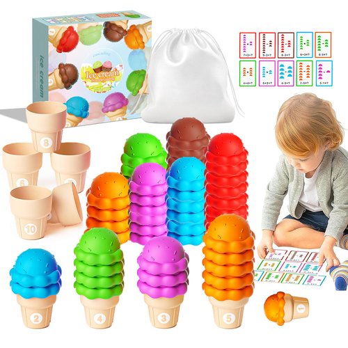 Ice Cream Preschool Learning Activities Counting and Color Sorting Set Stacking Toys for Kids 3-5, Stacking Fine Motor Skills Toys, 65PCS Math Manipulatives Learning Resources Toys