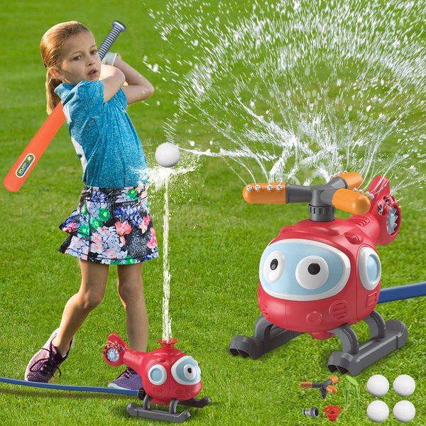 Outdoor Water Sprinklers with 4 T Ball Set for Toddlers Kids Ages 4-8,Summer Outside Sprinklers Play Equipment Baseball Game Lawn Yard Tee Ball Game for Boys Girls,Hose Connector Included