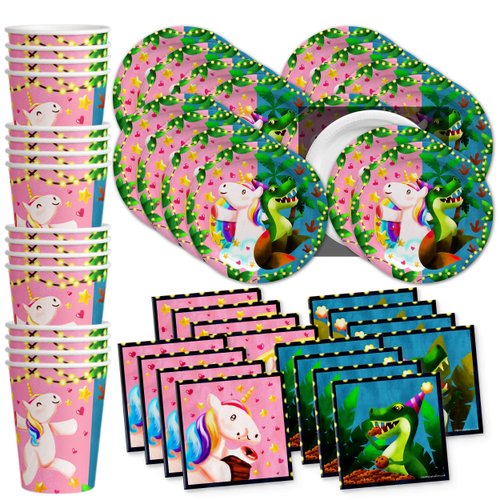 Unicorns & Dinos Joint Birthday Party Supplies Set Plates Napkins Cups Tableware Kit for 16
