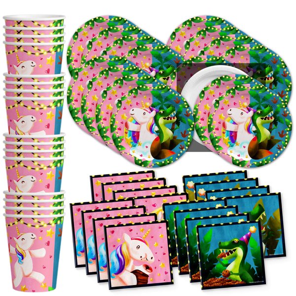 Unicorns & Dinos Joint Birthday Party Supplies Set Plates Napkins Cups Tableware Kit for 16