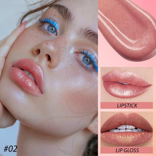 evpct 2 in 1 Rose Nude Glitter Shimmer Shiny lipstick & Liquid Lip Gloss, Metallic Dual Ended Lipstick with Hydrating Lightweight Formula, Shiny Glossy Lip Stick Makeup for Women stay on all Day 02
