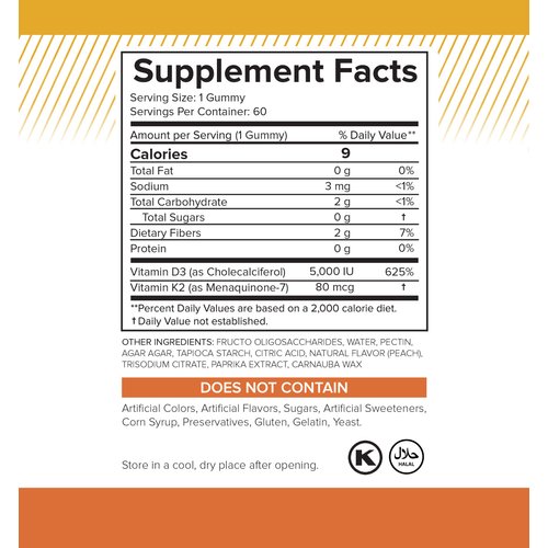 Sugar Free Vitamin D3 K2 Gummies - Vitamin D3 Gummies 5000 IU+K2 MK7 80 mcg, K2 D3 Vitamin Supplement Adults, Vitamin D K2 for Bones, Immune, Heart, Mood, Kosher, Halal, Gluten-Free, Non-GMO, 60 Count