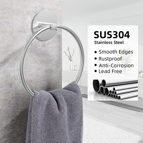 Nickel Brushed Bathroom Towel Ring - SUS304 Stainless Steel Bathroom Towel Rack, Susswiff Adhesive Wall Mounted Hand Towels Holder, Towel Hanger for Bathroom Organizer, Kitchen Storage