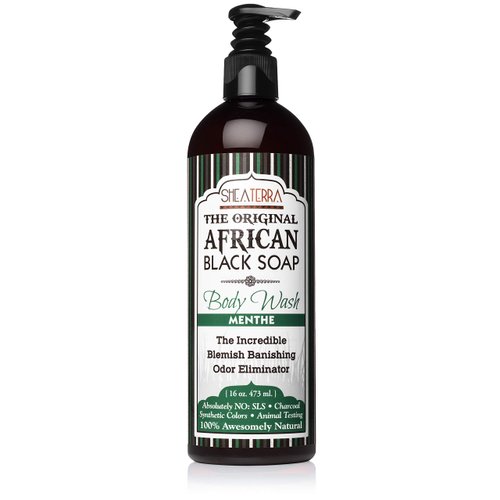 Shea Terra Organics The Original Black Soap Body Wash - Menthe| Non Toxic All Natural Black Soap Full Body Wash with Peppermint Oil that Cleanse, Refine, Firm and Soothe Skin – 16oz