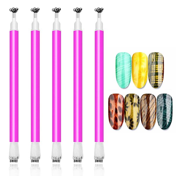 JERCLITY 5 Pieces Nail Magnet Stick Cat Eye Magnet Tool Double-Headed Flower Design Nail Art Magnet Pen Set Magnet Wand Strong Magnet Stick Dotting Pens for Home DIY, Salon, Studio